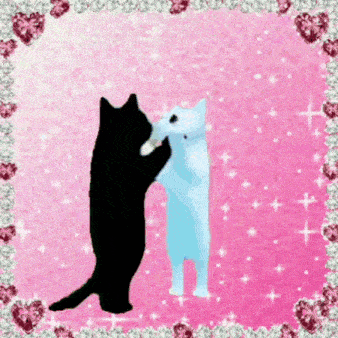 two cats jumping and dancing on a pink background
